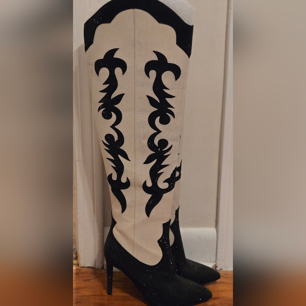 Elegant Black and Cream Women's Knee-High Boots